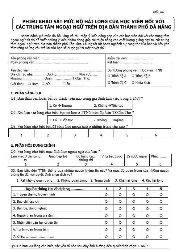 Bảng câu hỏi khảo sát mức độ hài lòng của học viên đối với các trung tâm ngoại ngữ