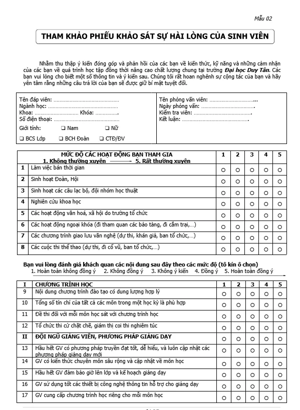 Bảng câu hỏi khảo sát sự hài lòng của sinh viên Bảng câu hỏi khảo sát sự hài lòng của sinh viên