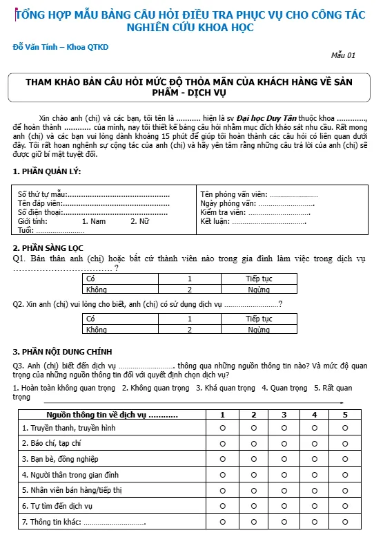 Bảng câu hỏi mức độ thỏa mãn của khách hàng về sản phẩm - dịch vụ Bảng câu hỏi mức độ thỏa mãn của khách hàng về sản phẩm - dịch vụ