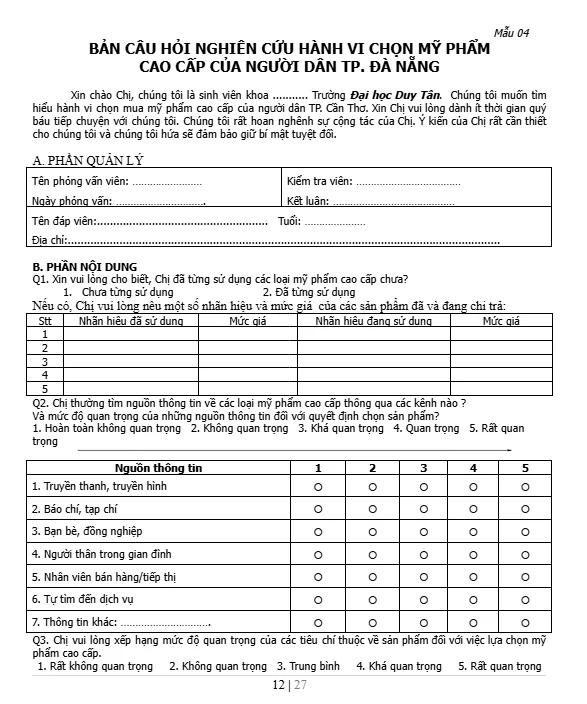Bảng câu hỏi nghiên cứu hành vi chọn mỹ phẩm cao cấp của người dân TP. Đà Nẵng Bảng câu hỏi nghiên cứu hành vi chọn mỹ phẩm cao cấp của người dân TP. Đà Nẵng