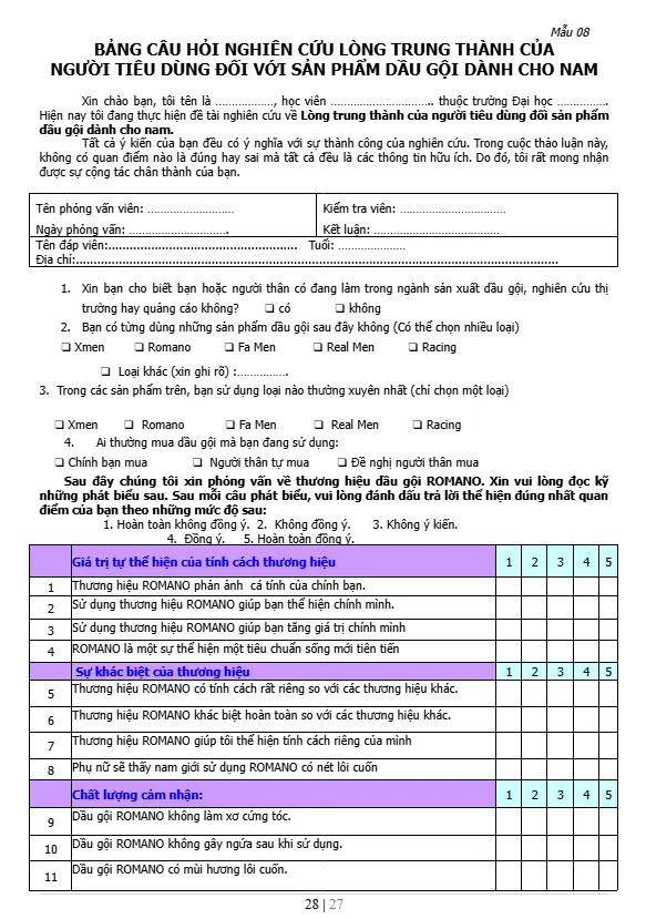Bảng câu hỏi nghiên cứu lòng trung thành của người tiêu dùng đối với sản phẩm dầu gội dành cho nam Bảng câu hỏi nghiên cứu lòng trung thành của người tiêu dùng đối với sản phẩm dầu gội dành cho nam