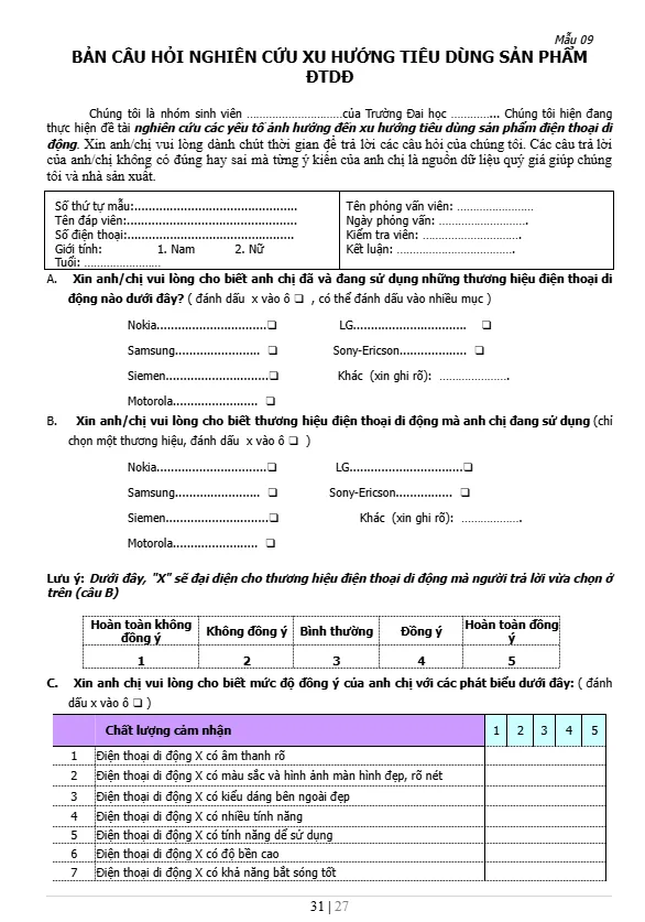 Bảng câu hỏi nghiên cứu xu hướng tiêu dùng sản phẩm điện thoại di động Bảng câu hỏi nghiên cứu xu hướng tiêu dùng sản phẩm điện thoại di động