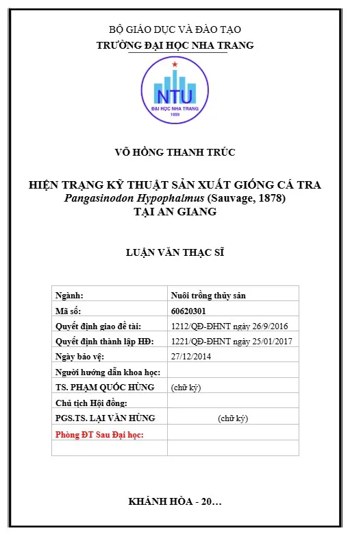 Mẫu bìa luận văn thạc sĩ Đại học Nha Trang Mẫu bìa luận văn thạc sĩ Đại học Nha Trang