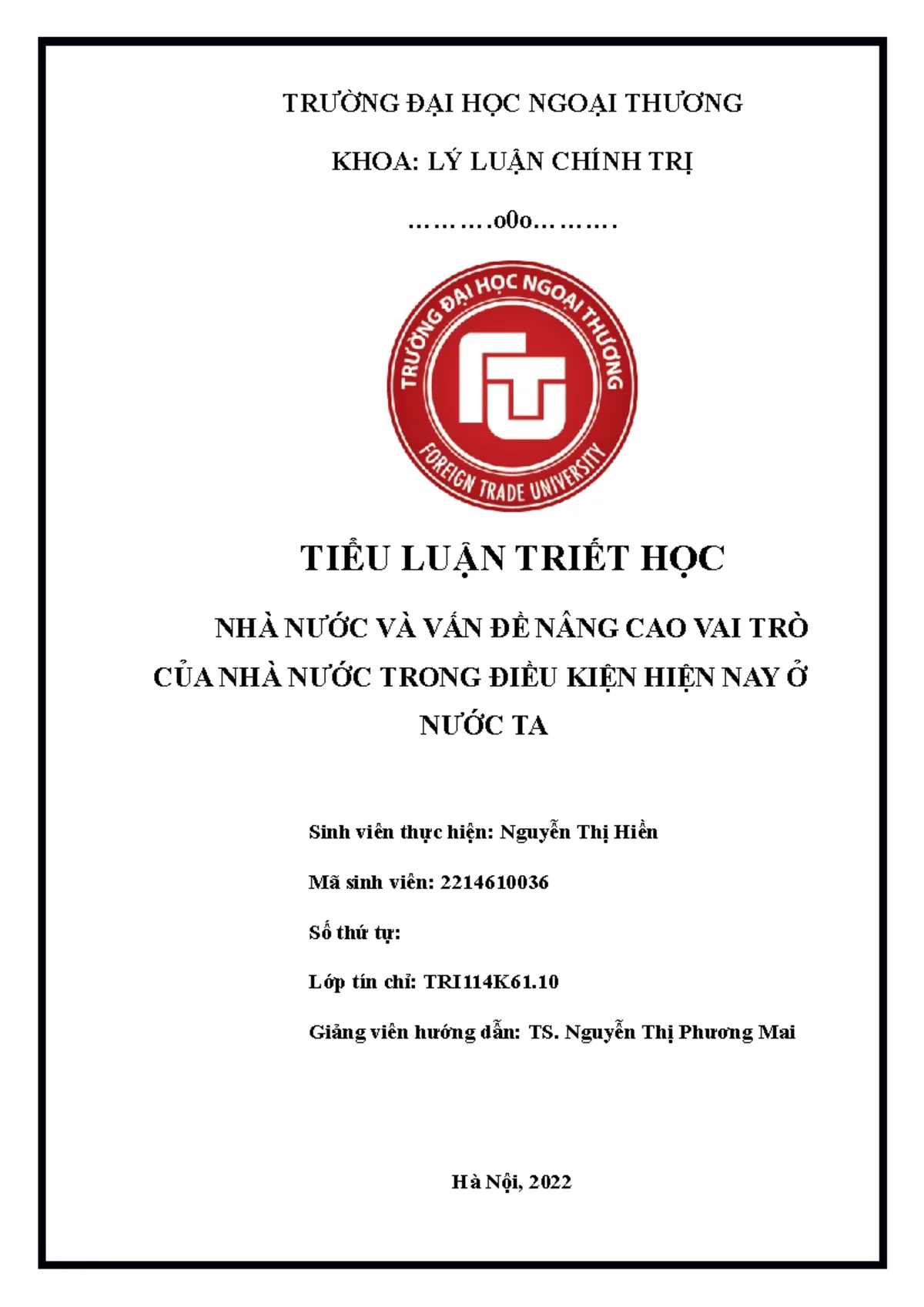 Quy định chung về bìa tiểu luận FTU Quy định chung về bìa tiểu luận FTU