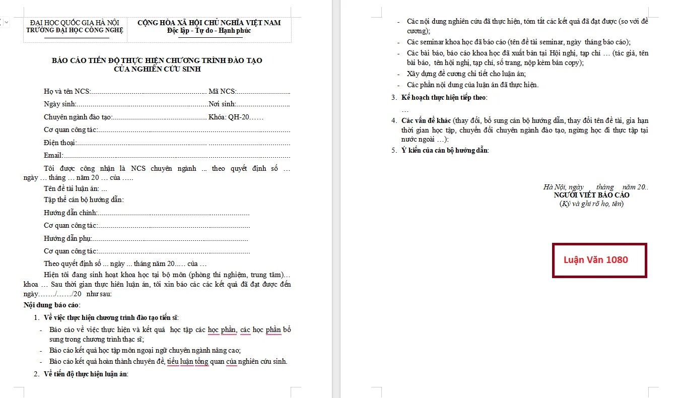 Mẫu báo cáo tiến độ luận văn thạc sĩ ĐH Công Nghệ - ĐHQGHN