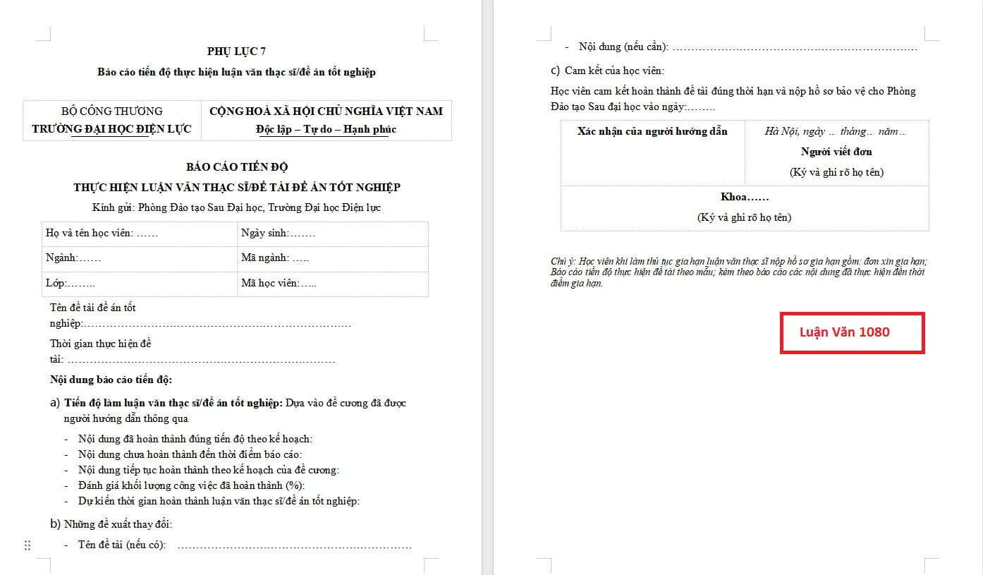 Mẫu báo cáo tiến độ luận văn thạc sĩ ĐH Điện Lực