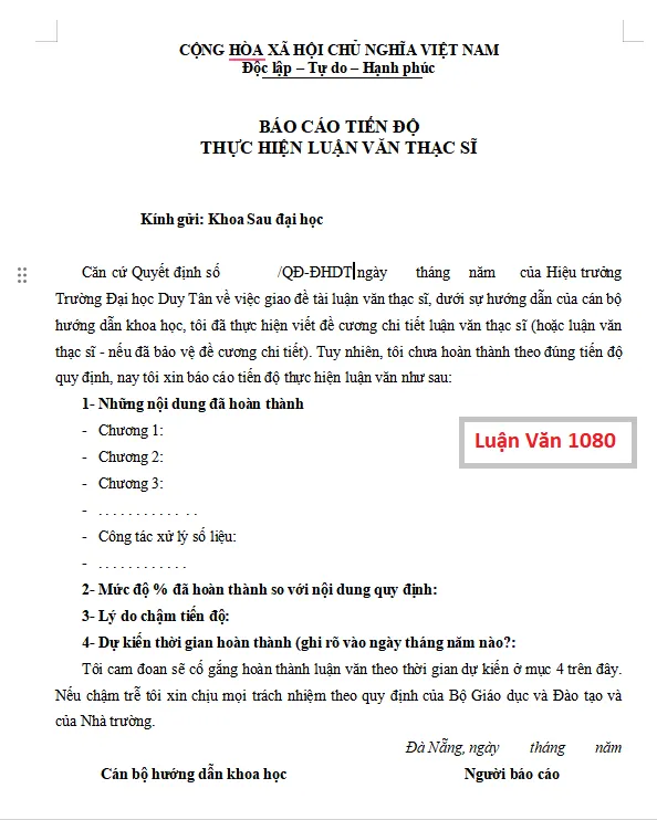 Mẫu báo cáo tiến độ luận văn thạc sĩ ĐH Duy Tân