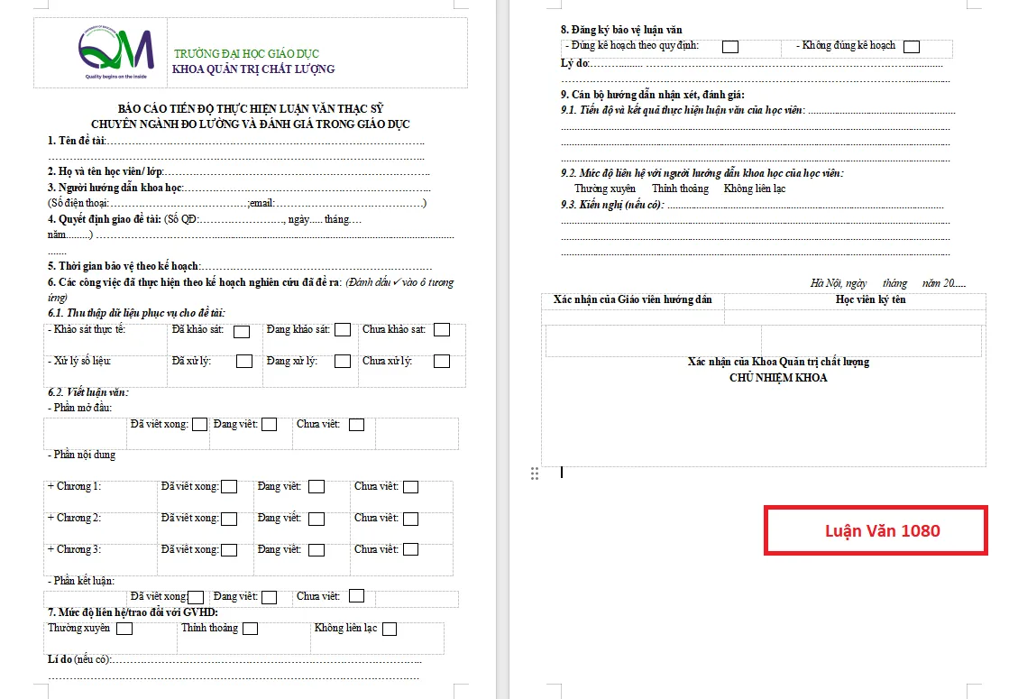 Mẫu báo cáo tiến độ luận văn thạc sĩ ĐH Giáo dục