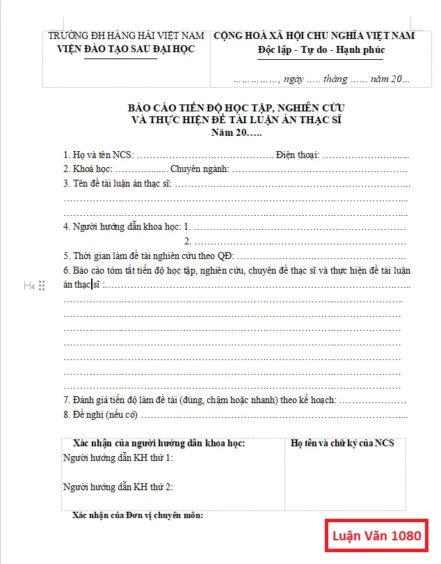 Mẫu báo cáo tiến độ luận văn thạc sĩ ĐH Hàng Hải