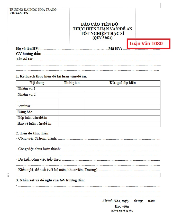 Mẫu báo cáo tiến độ luận văn thạc sĩ ĐH Nha Trang