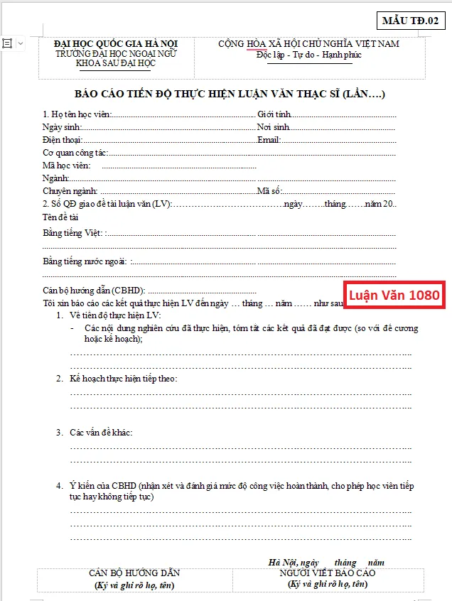 Mẫu báo cáo tiến độ luận văn thạc sĩ ĐHQGHN