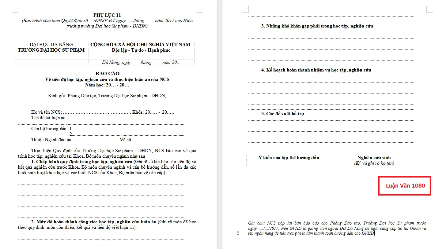 Mẫu báo cáo tiến độ luận văn thạc sĩ ĐH Sư phạm Đà Nẵng