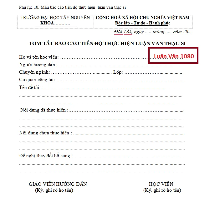 Mẫu báo cáo tiến độ luận văn thạc sĩ ĐH Tây Nguyên