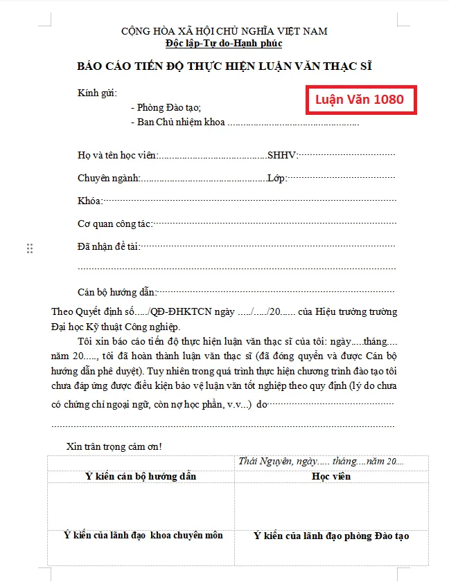 Mẫu báo cáo tiến độ luận văn thạc sĩ ĐH Thái Nguyên