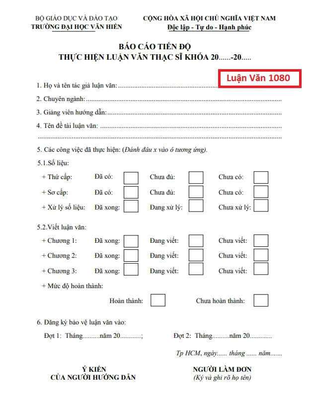 Mẫu báo cáo tiến độ luận văn thạc sĩ ĐH Văn Hiến