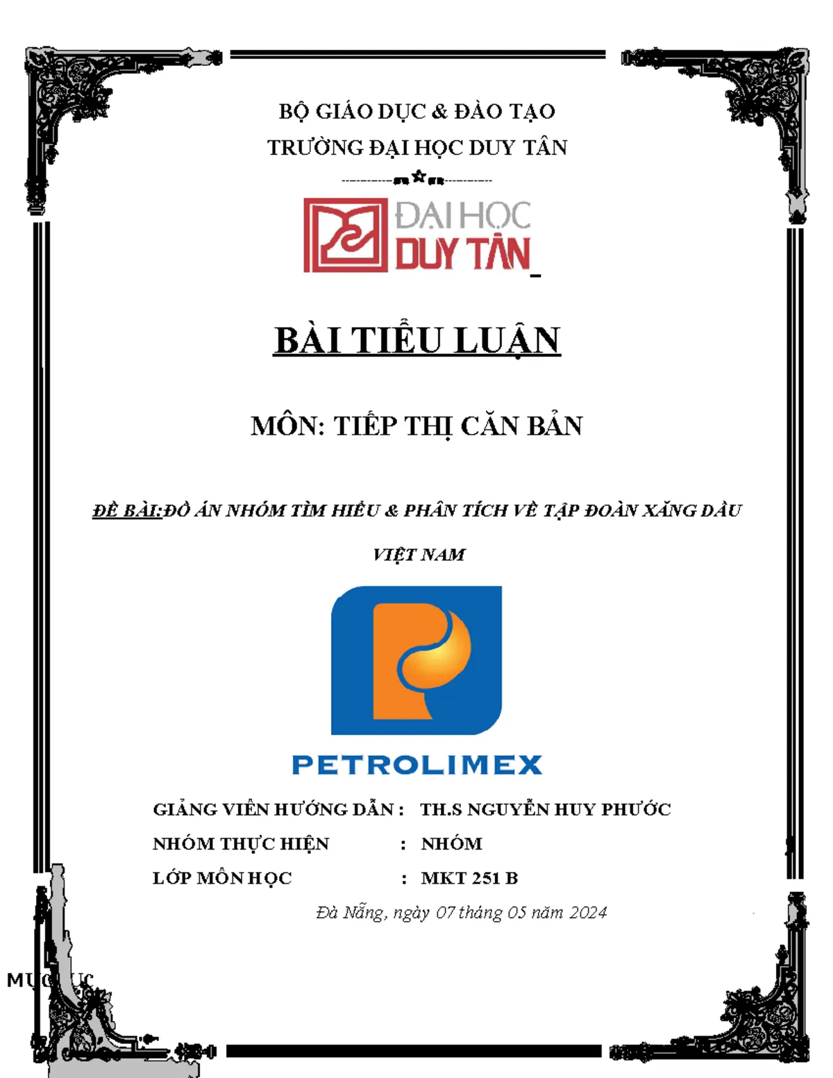 Bìa tiểu luận môn Tiếp thị căn bản