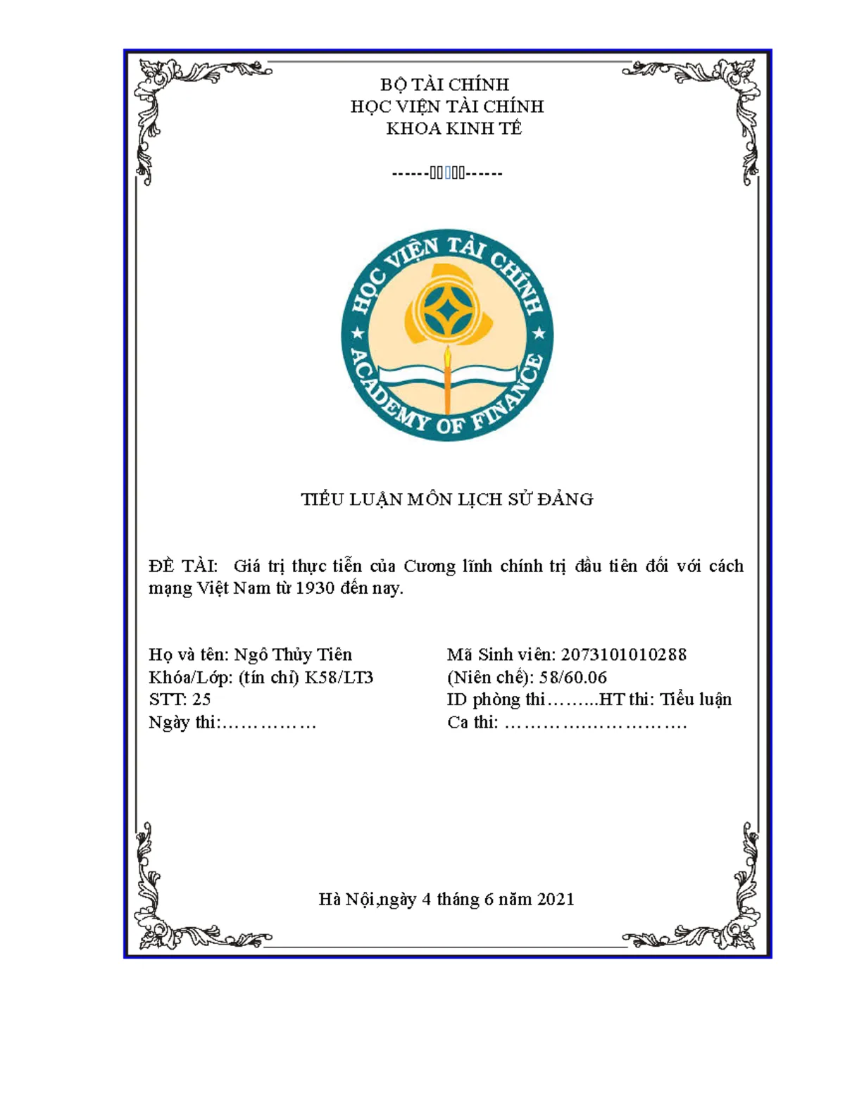 Mẫu bìa tiểu luận Học viện Tài chính số 1