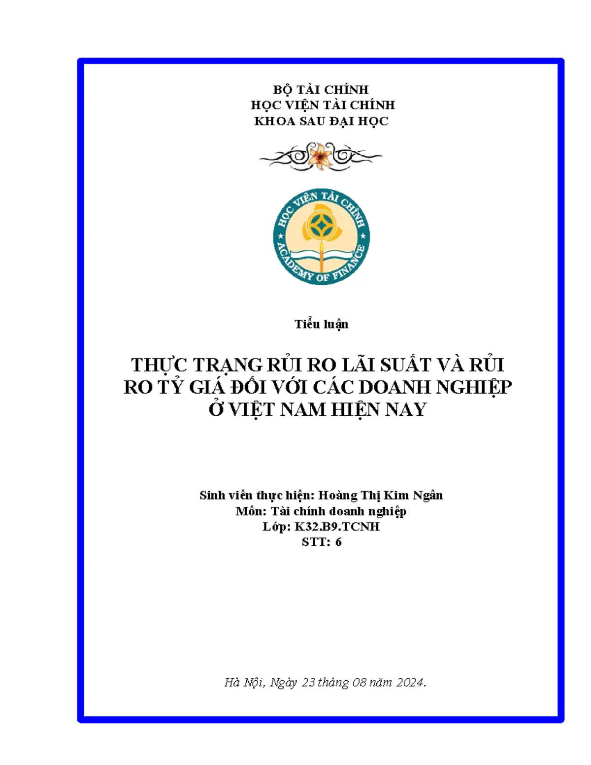 Mẫu bìa tiểu luận Học viện Tài chính số 2