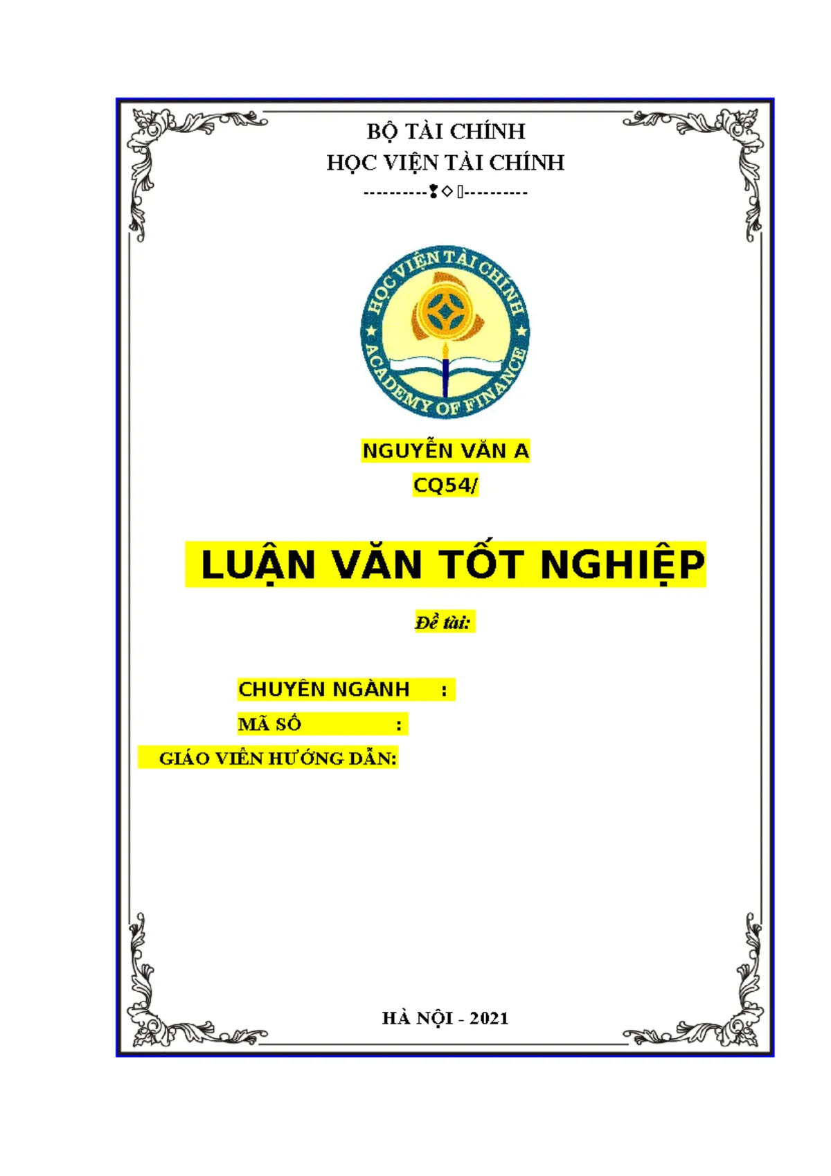Mẫu bìa tiểu luận Học viện Tài chính số 4