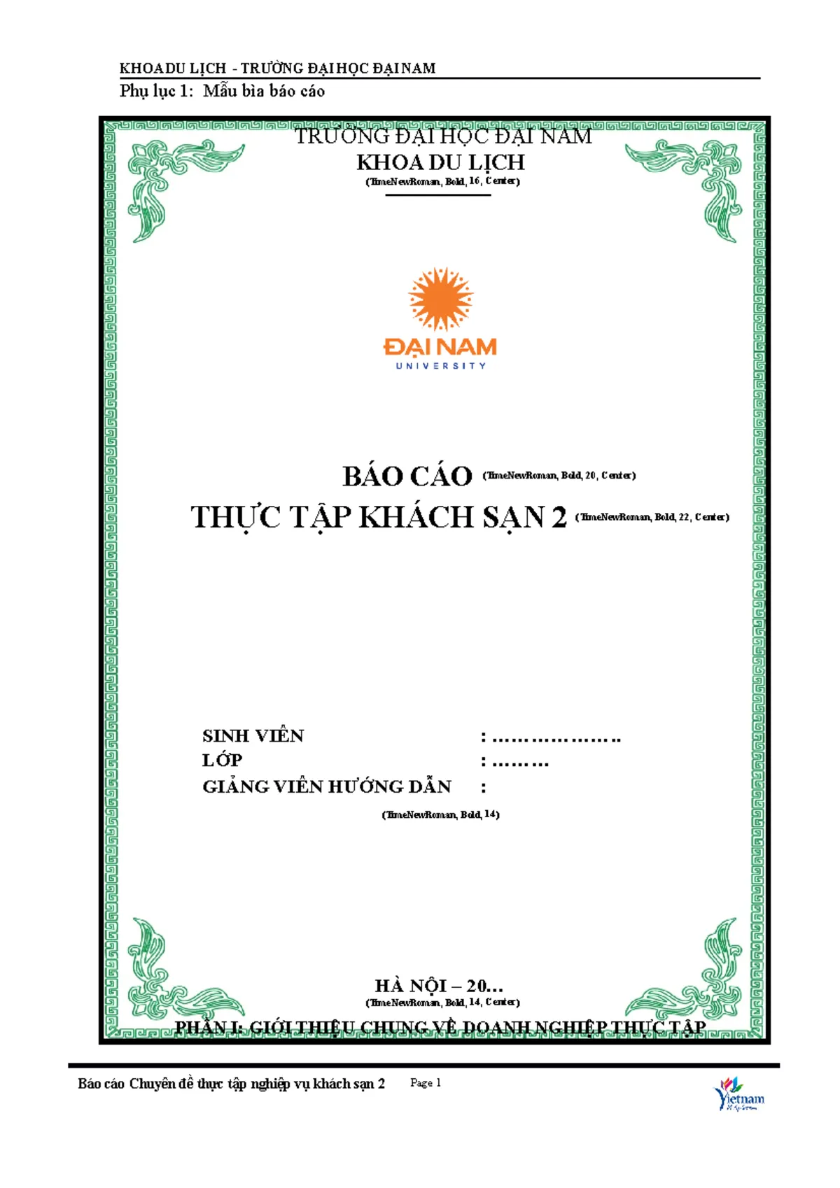 Mẫu bìa tiểu luận Khoa Du lịch