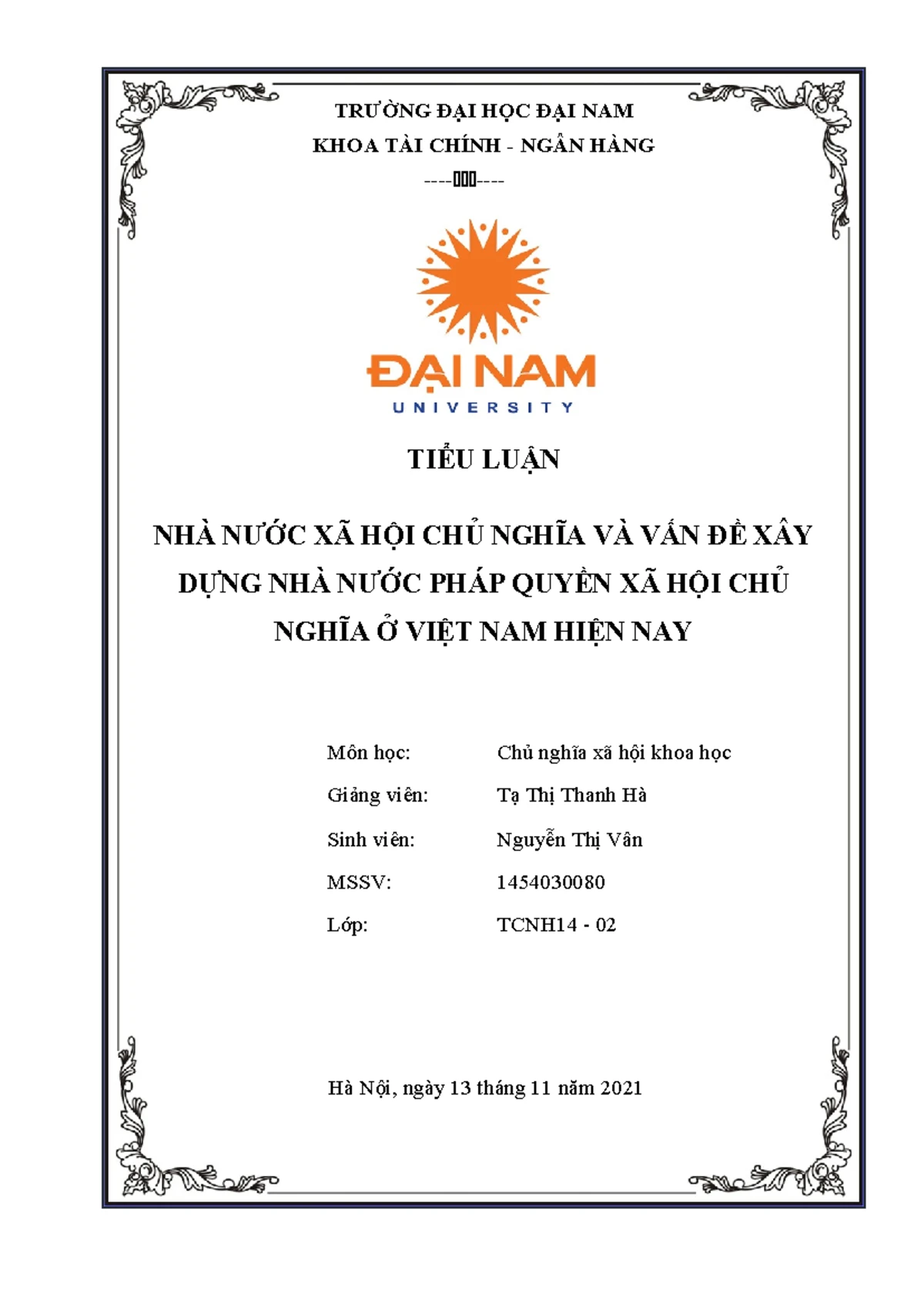 Mẫu bìa tiểu luận Khoa Tài chính - Ngân hàng