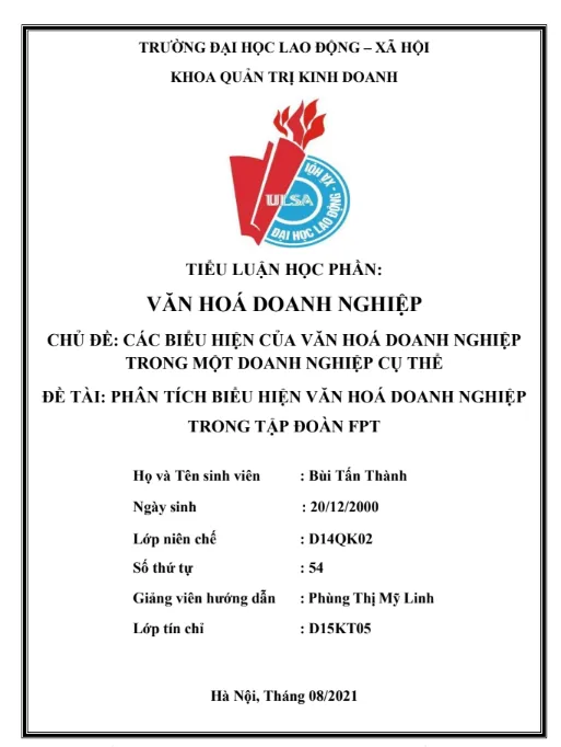 Mẫu tiểu luận văn hóa doanh nghiệp của tập đoàn FPT Mẫu tiểu luận văn hóa doanh nghiệp của tập đoàn FPT