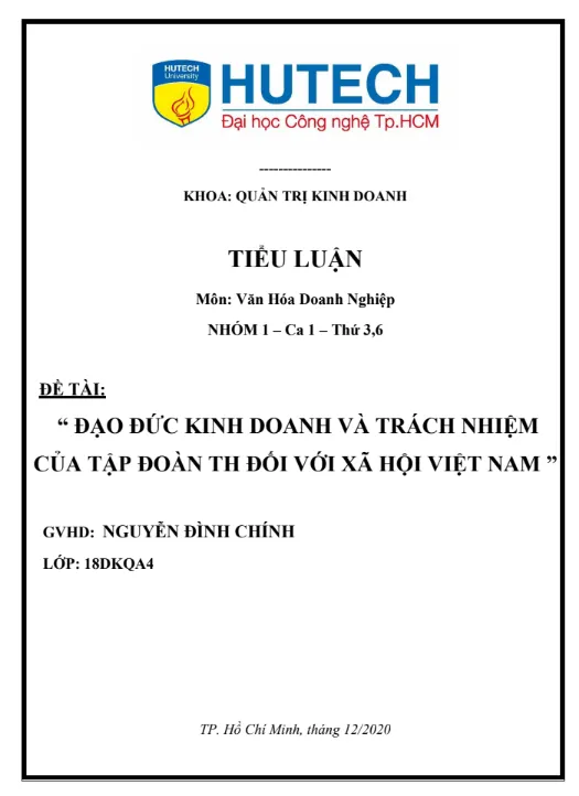 Mẫu tiểu luận văn hóa doanh nghiệp của tập đoàn TH Mẫu tiểu luận văn hóa doanh nghiệp của tập đoàn TH