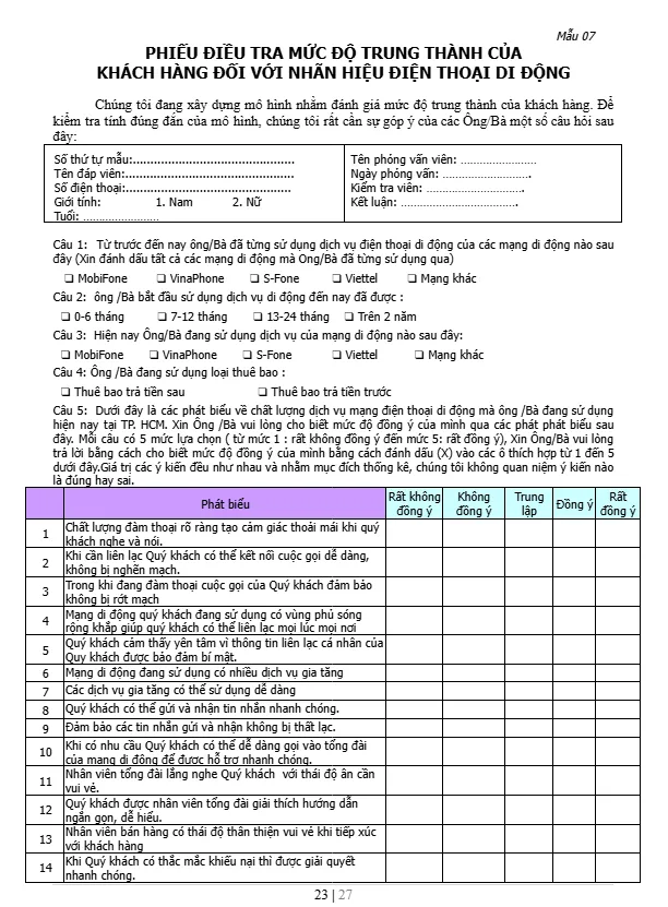 Phiếu điều tra mức độ trung thành của khách hàng đối với nhãn hiệu điện thoại di động Phiếu điều tra mức độ trung thành của khách hàng đối với nhãn hiệu điện thoại di động