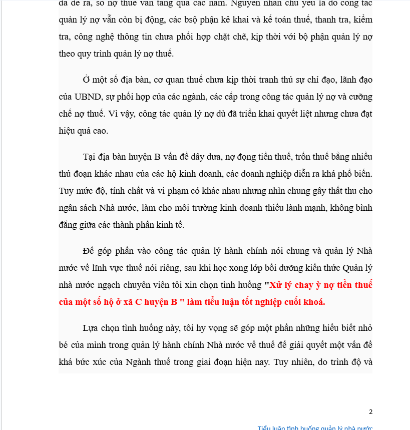 Tiểu luận về việc xử lý tình huống chây ỳ nợ thuế tại xã C, huyện B