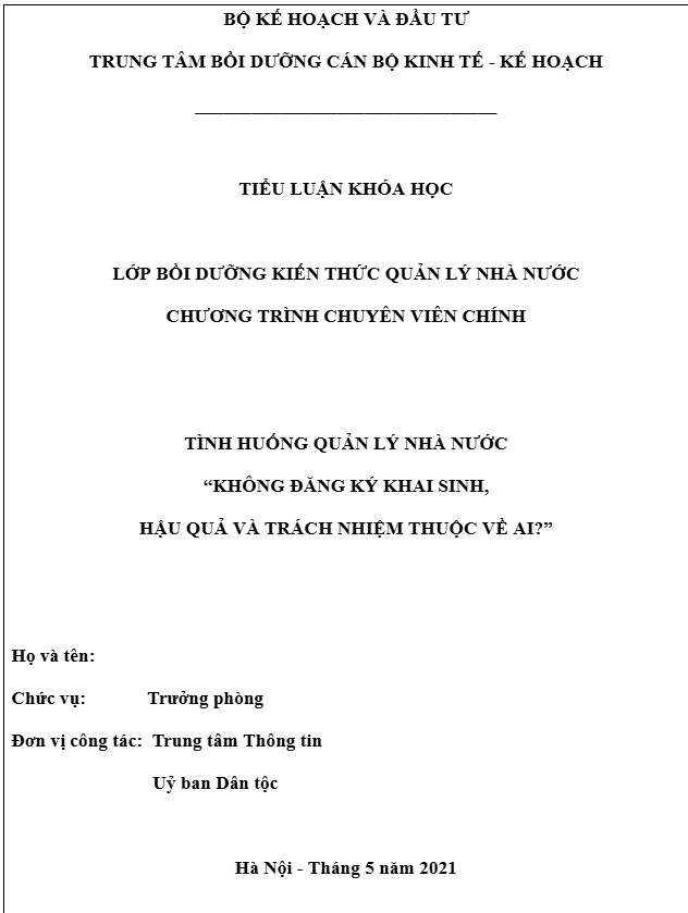 Tiểu luận về hậu quả pháp lý của việc không đăng ký khai sinh và trách nhiệm quản lý nhà nước