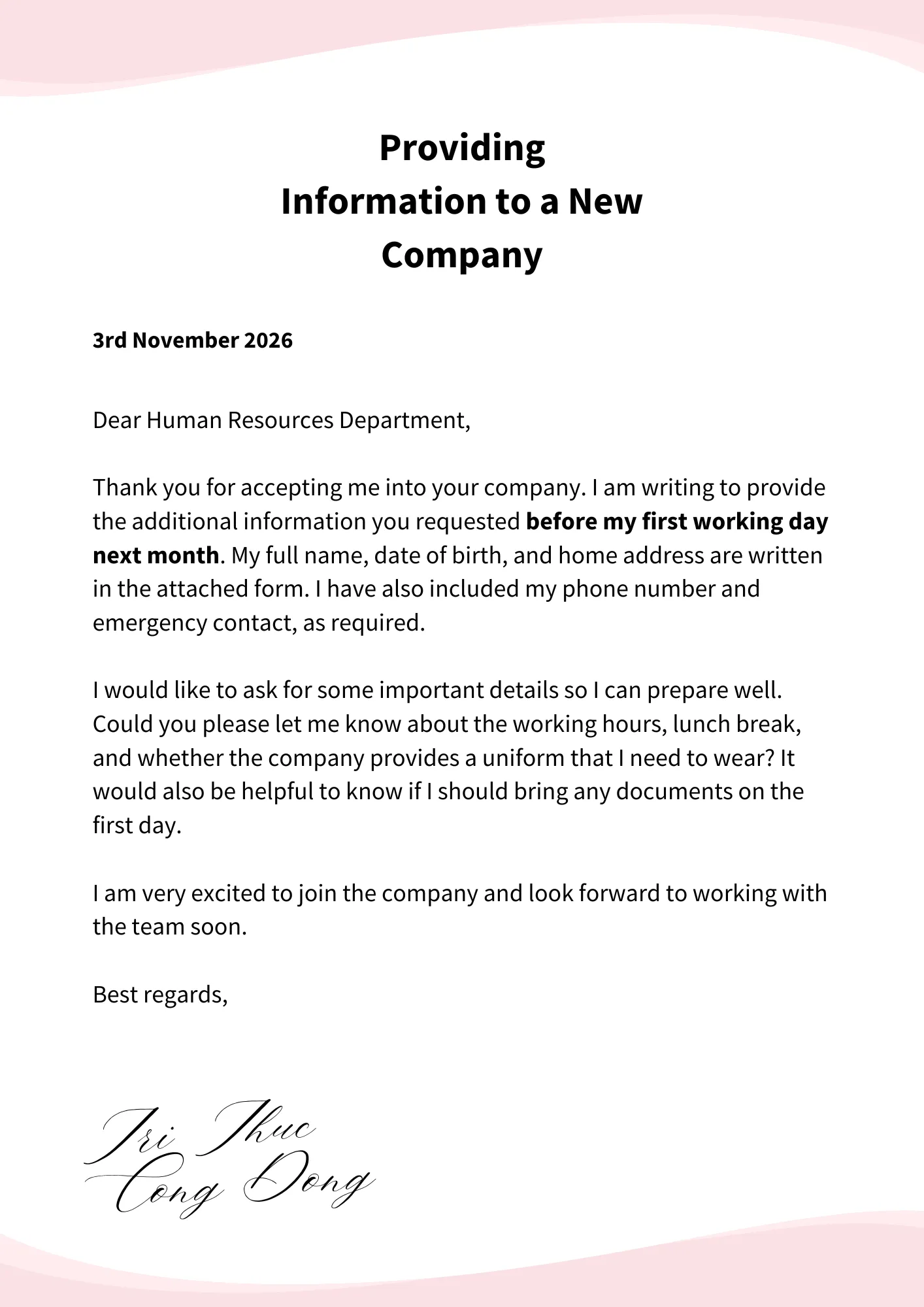 Bài mẫu VSTEP về cung cấp thông tin cho công ty mới