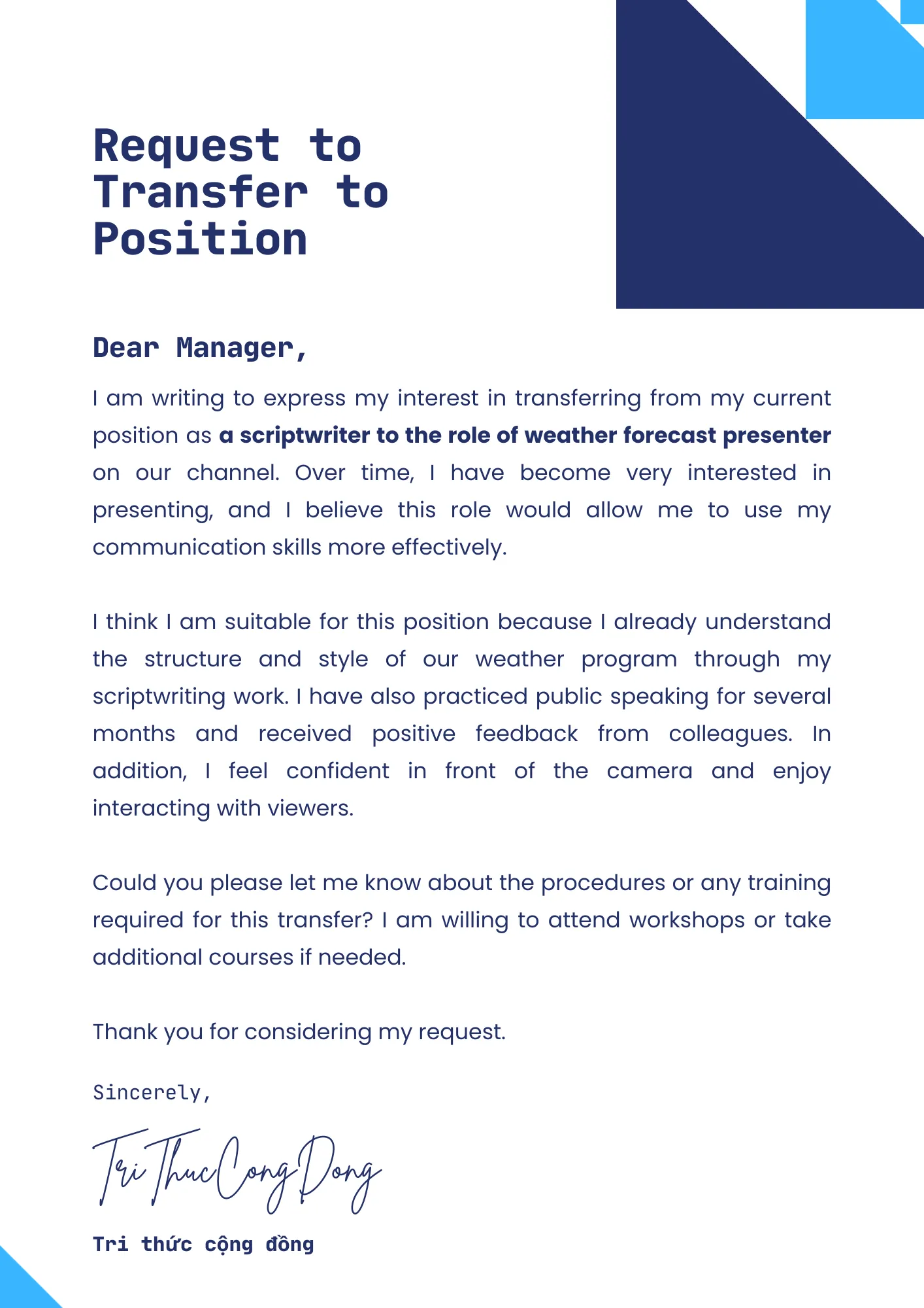 Bài mẫu VSTEP về chuyển vị trí công việc