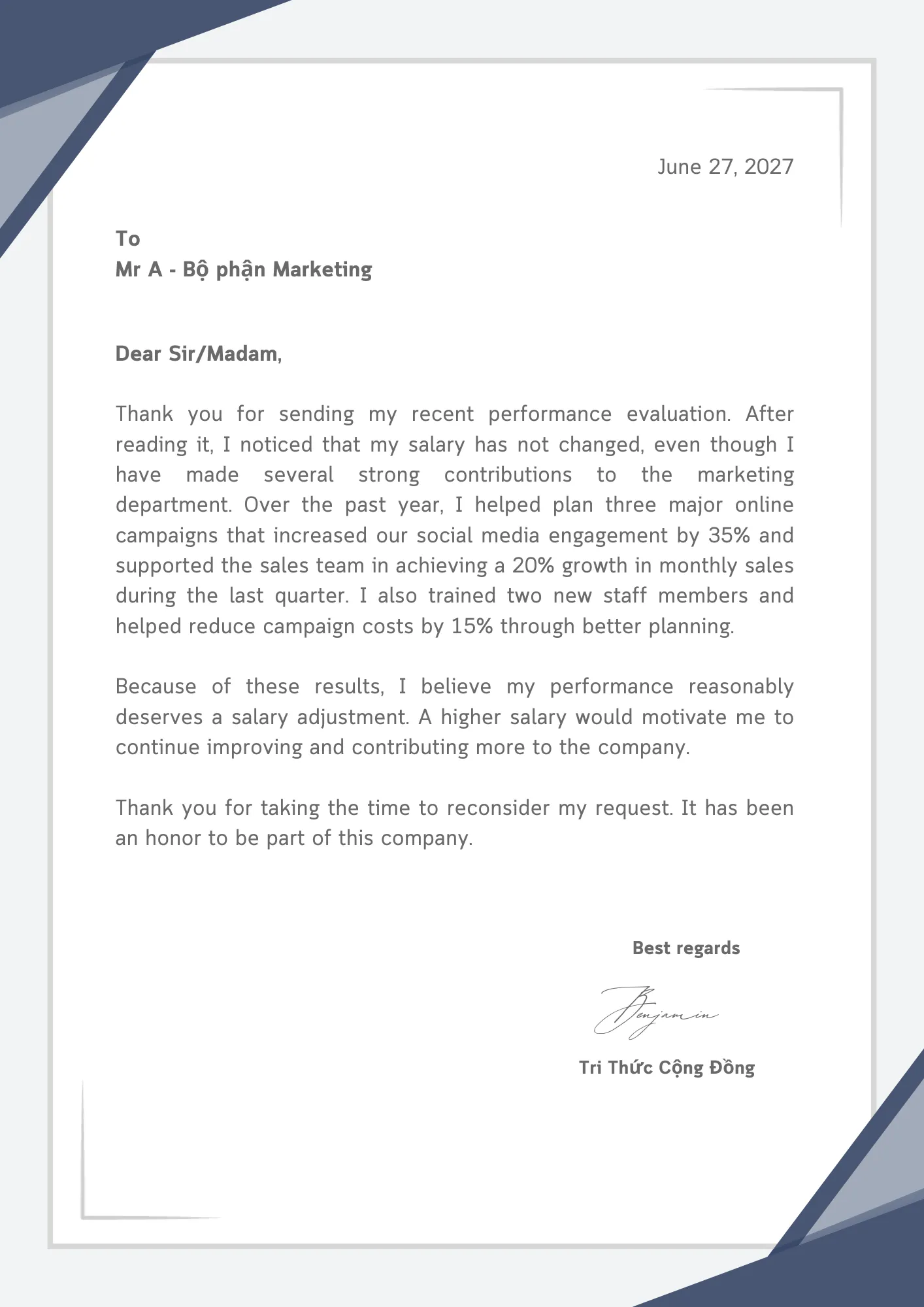 Bài mẫu VSTEP về thư đề nghị tăng lương