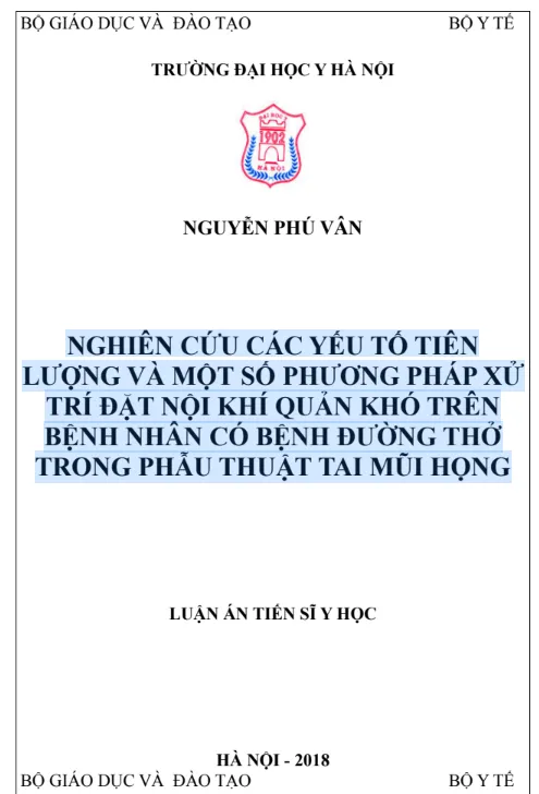 Luận án tiến sĩ y học đặt nội khí quản tai mũi họng