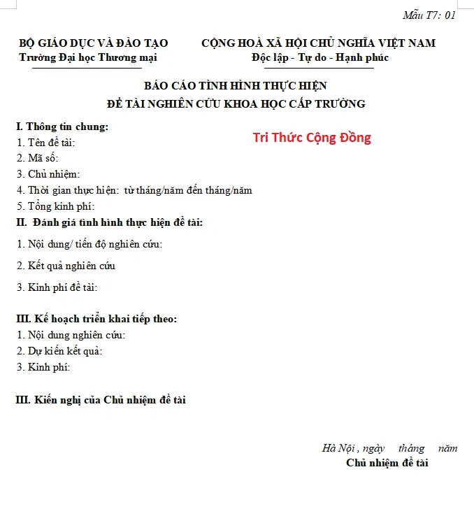 Mẫu báo cáo tình hình thực hiện đề tài nghiên cứu khoa học cáp trường ĐH Thương Mại