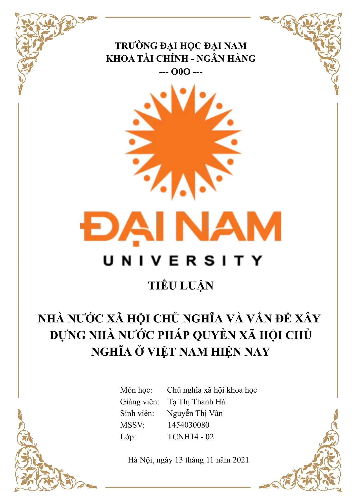 Mẫu bìa tiểu luận Tài chính – Ngân hàng Đại học Đại Nam