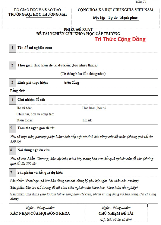 Mẫu đề xuất đề tài nghiên cứu khoa học TMU