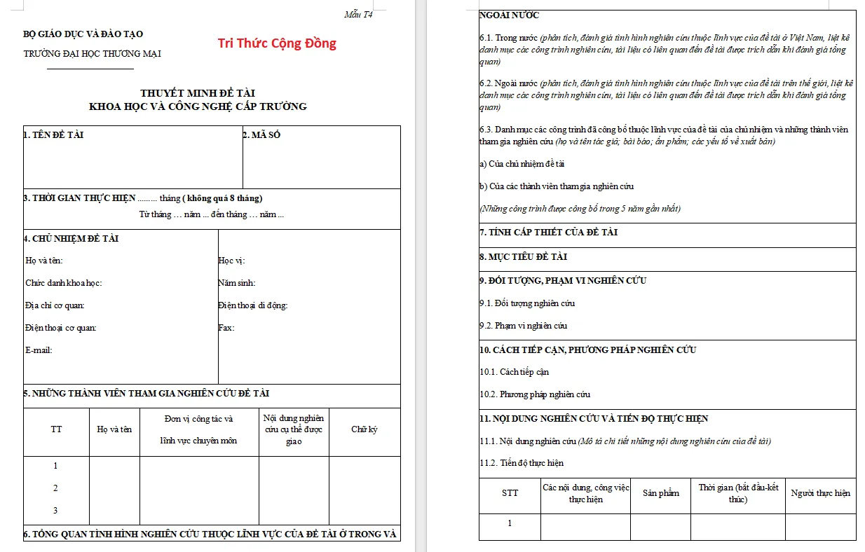 Mẫu thuyết minh đề tài nghiên cứu khoa học ĐH Thương mại