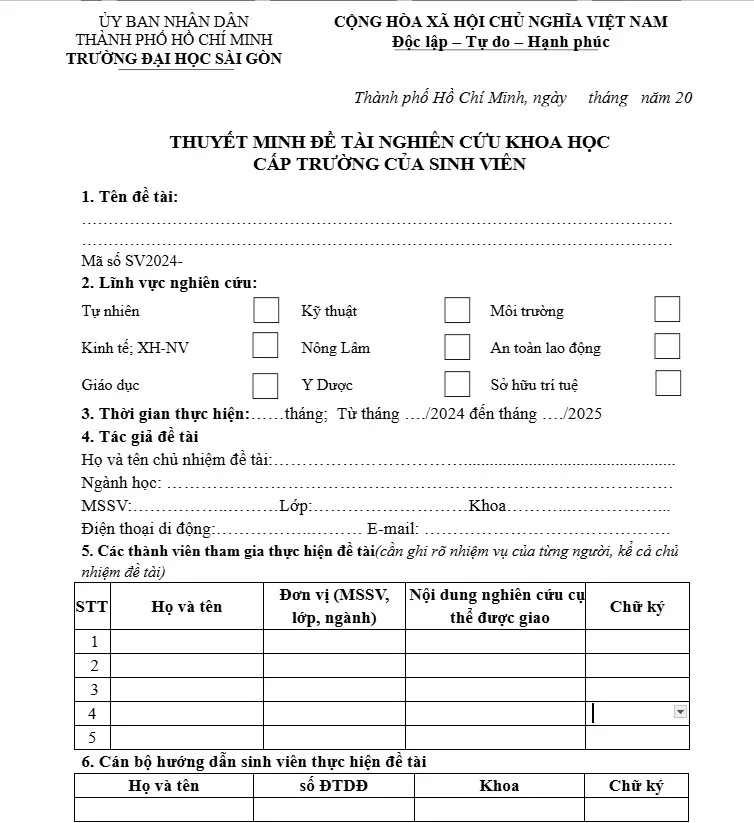 Mẫu thuyết minh đề tài nghiên cứu khoa học cấp trường của sinh viên Đại học Sài Gòn