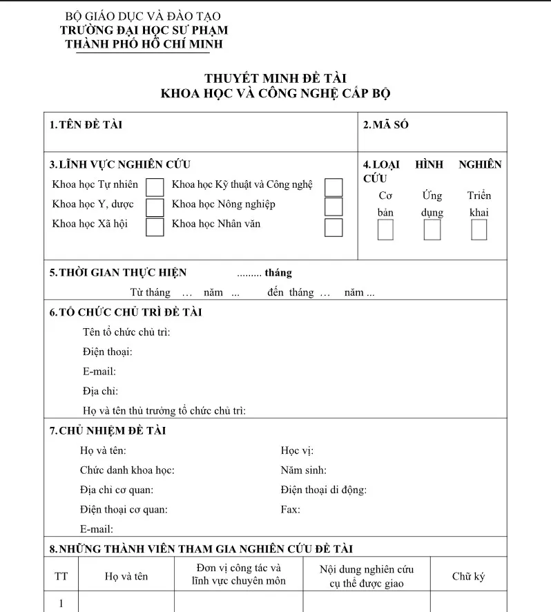 Mẫu thuyết minh đề tài khoa học và công nghệ cấp bộ trường Đại học Sư phạm Thành phố Hồ Chí Minh 