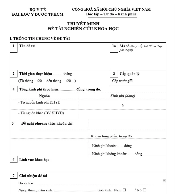 Mẫu thuyết minh đề tài nghiên cứu khoa học Đại học Y dược TPHCM