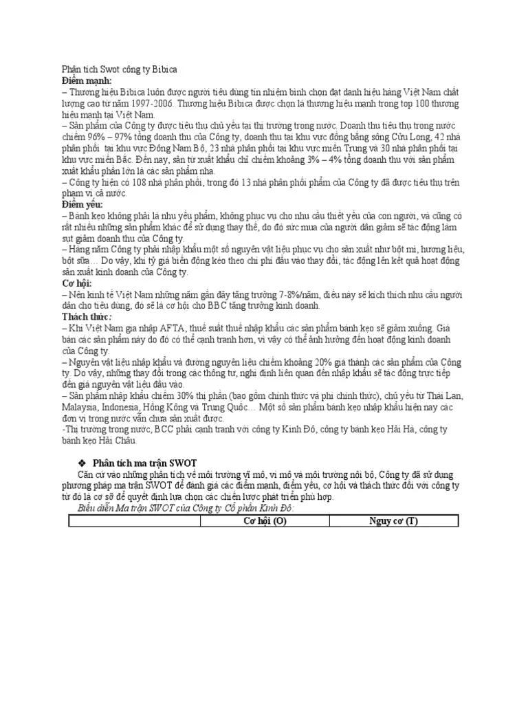 Mẫu tiểu luận phân tích SWOT của Bibica Mẫu tiểu luận phân tích SWOT của Bibica