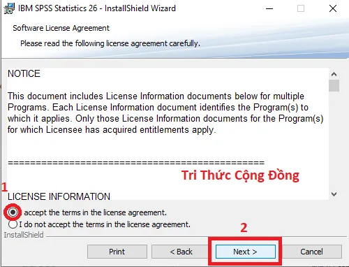 Đồng ý với các điều khoản của phần mềm SPSS 26