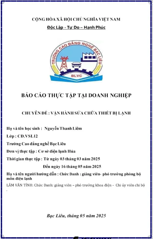 Báo cáo thực tập vận hành sửa chữa thiết bị lạnh Báo cáo thực tập vận hành sửa chữa thiết bị lạnh