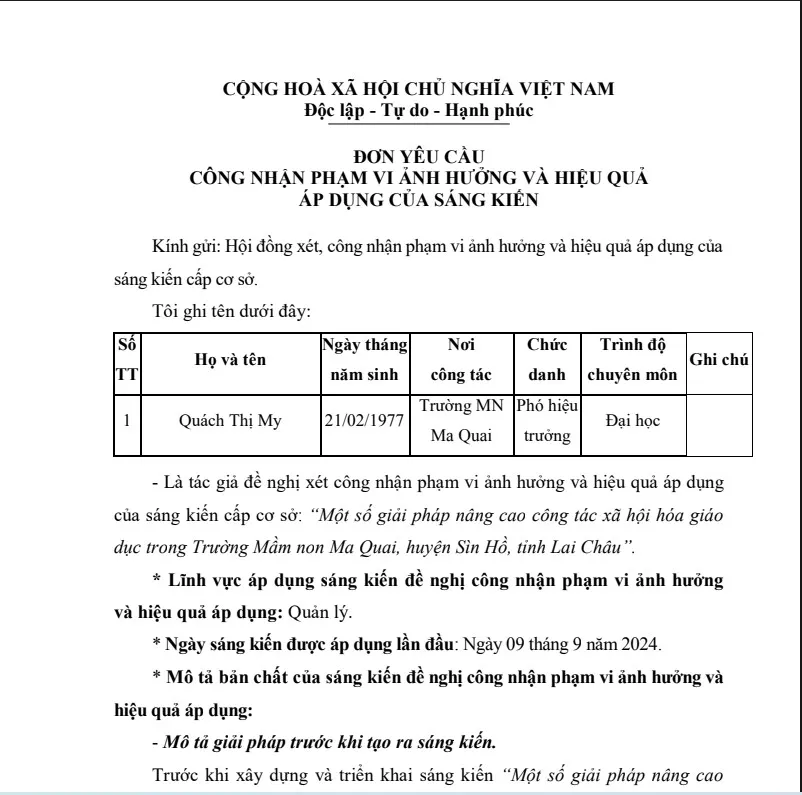 Đơn yêu cầu công nhận sáng kiến tiểu học mẫu 1