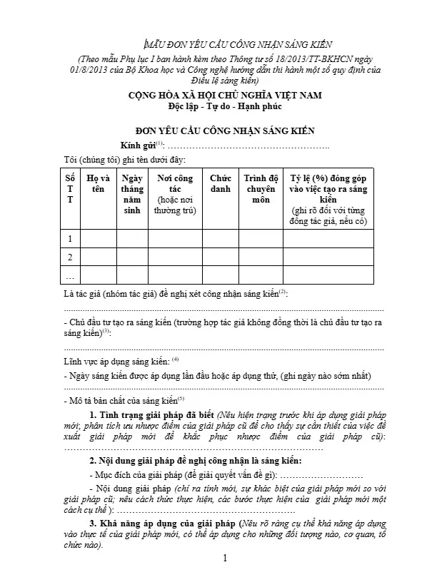 Đơn yêu cầu công nhận sáng kiến tiểu học mẫu 3