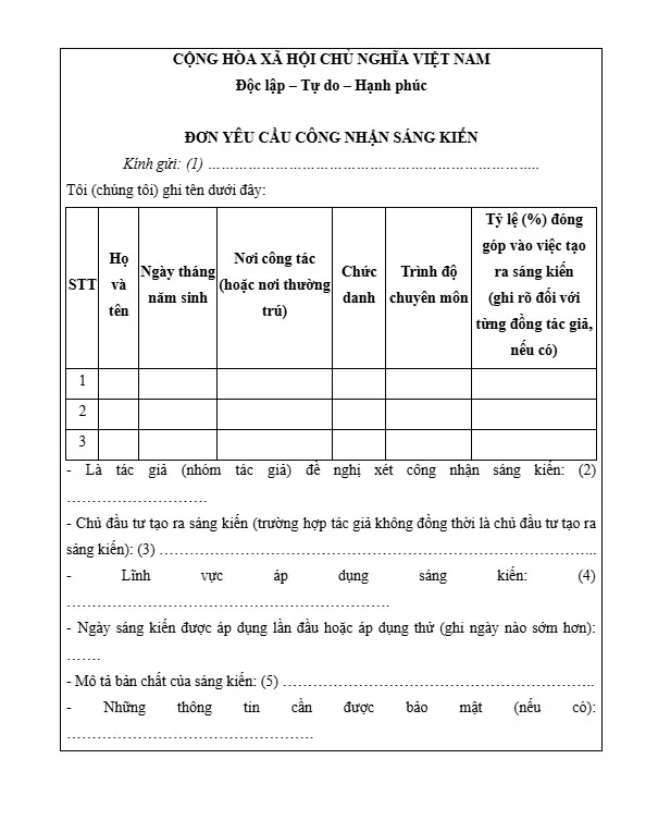 Đơn yêu cầu công nhận sáng kiến tiểu học mẫu 4