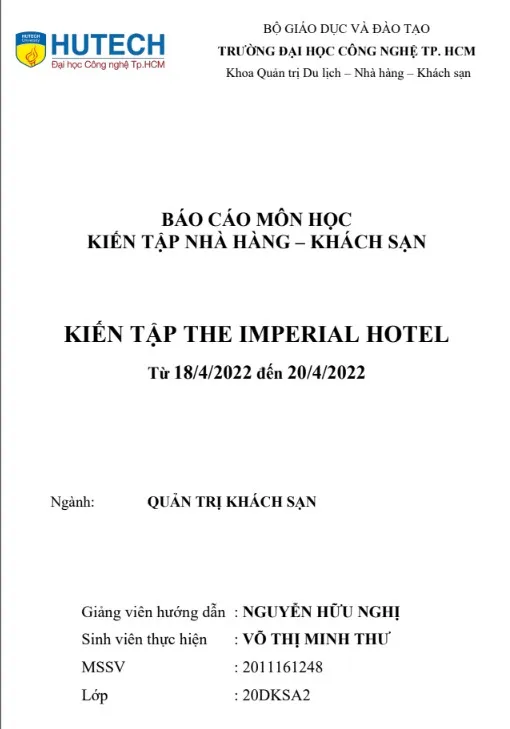 Báo cáo kiến tập bộ phận F&B tại The Imperial Hotel