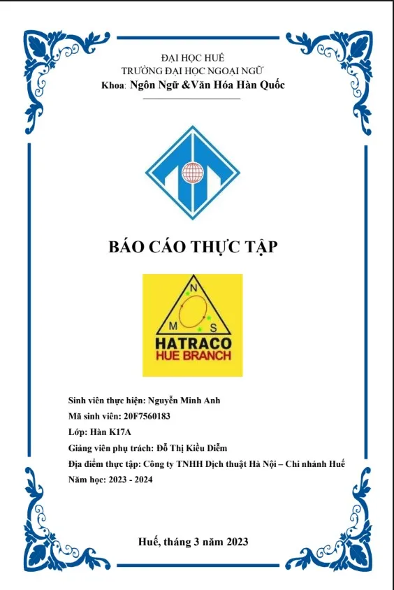 Báo cáo thực tập ngành Ngôn ngữ Hàn Quốc tại TNHH Dịch thuật Hà Nội