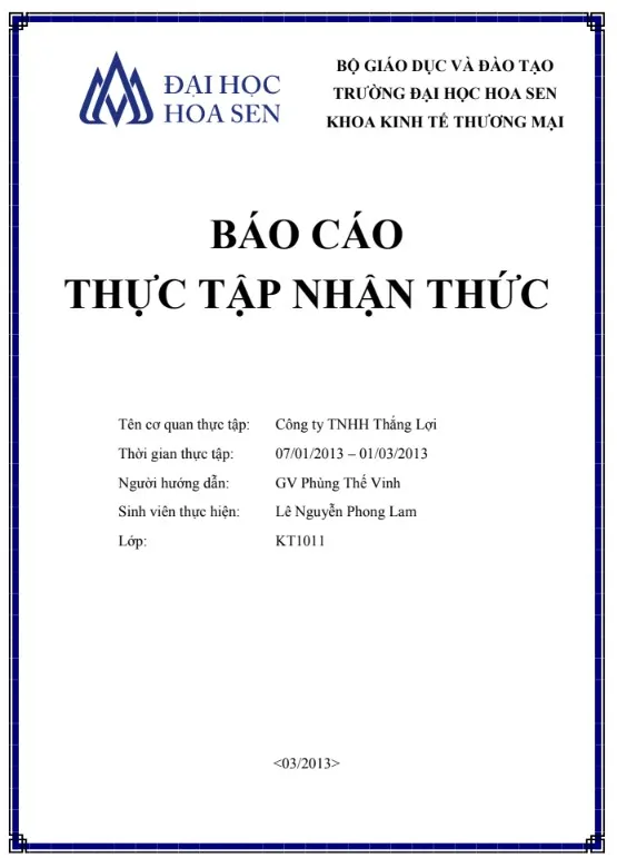 Báo cáo thực tập nhận thức Công ty TNHH Thắng Lợi